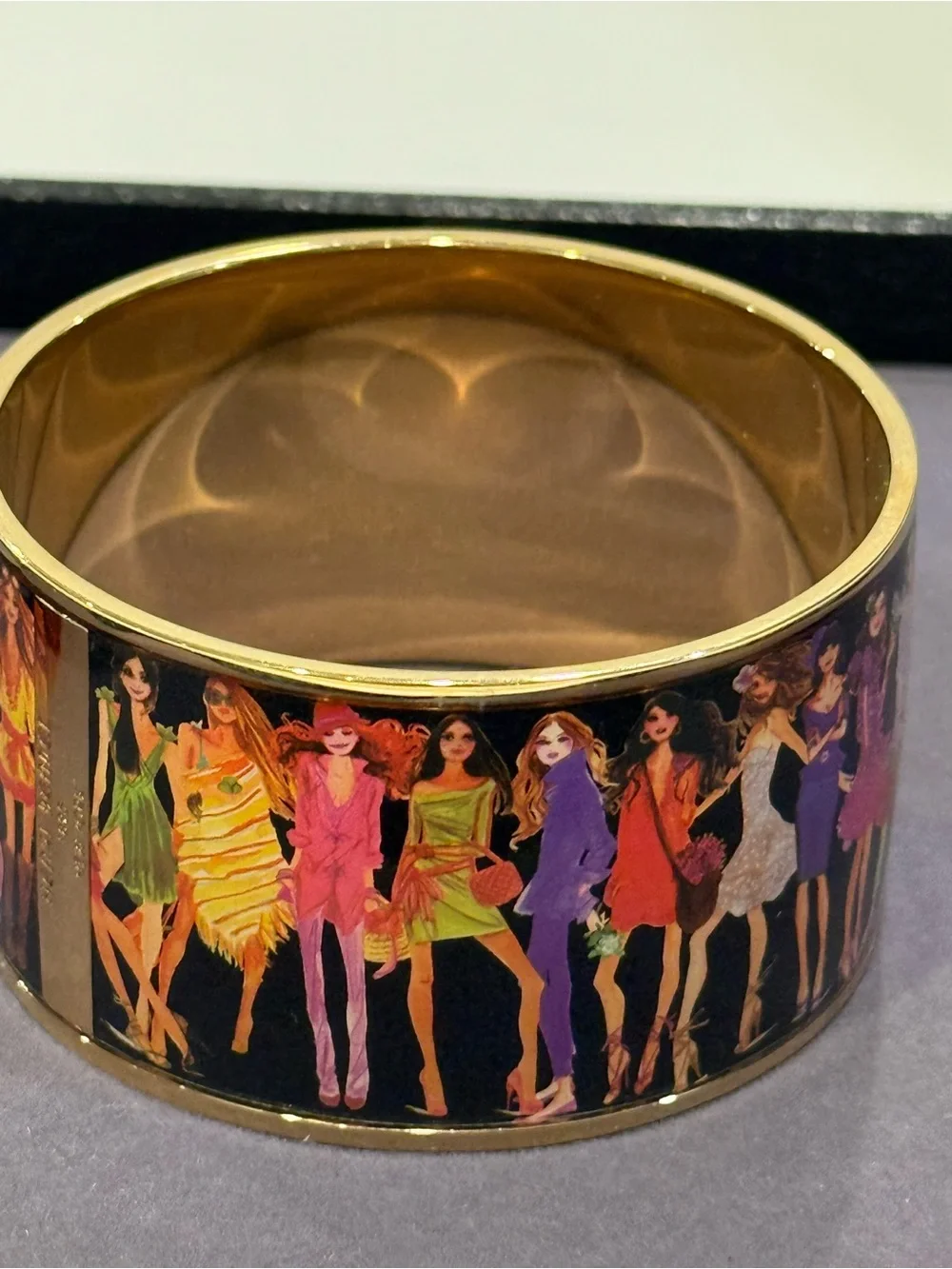 Henri Bendel New York Wide Enamel Fashion Illustration Gold Tone Bracelet